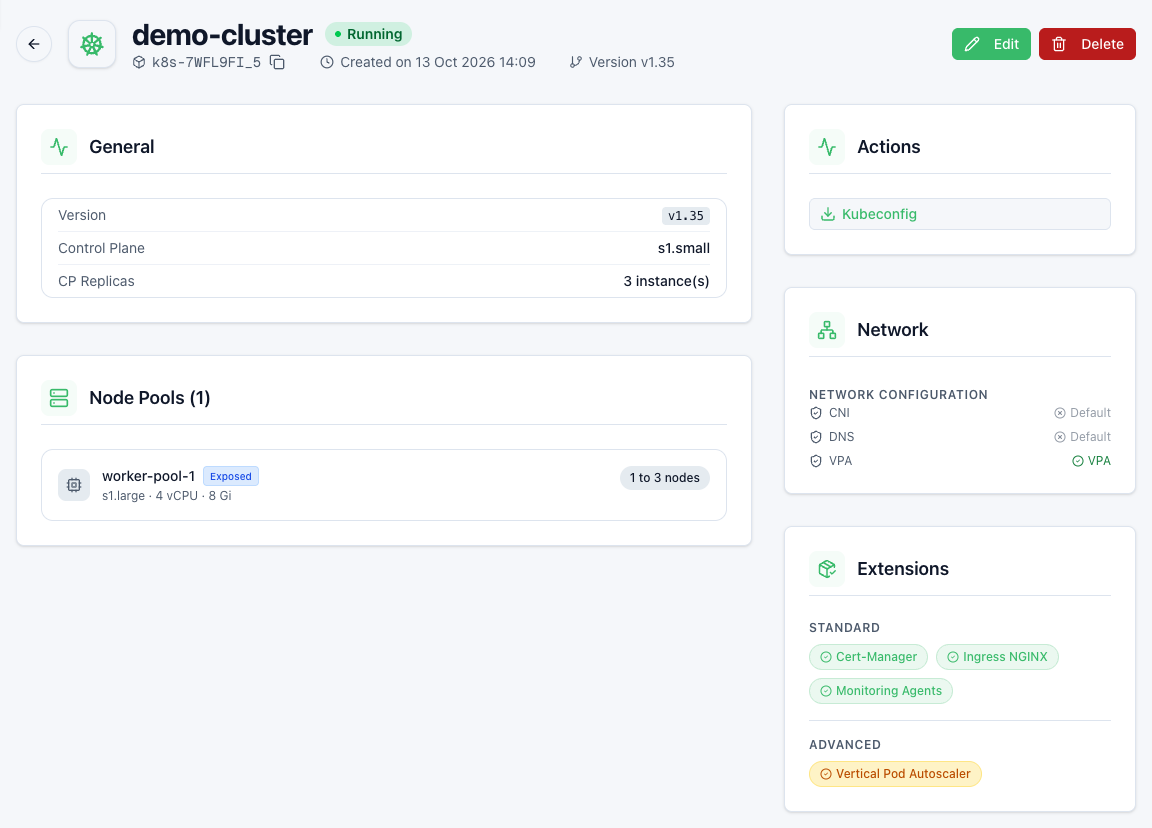 Kubernetes cluster detail page, with the Kubeconfig button in the Actions card