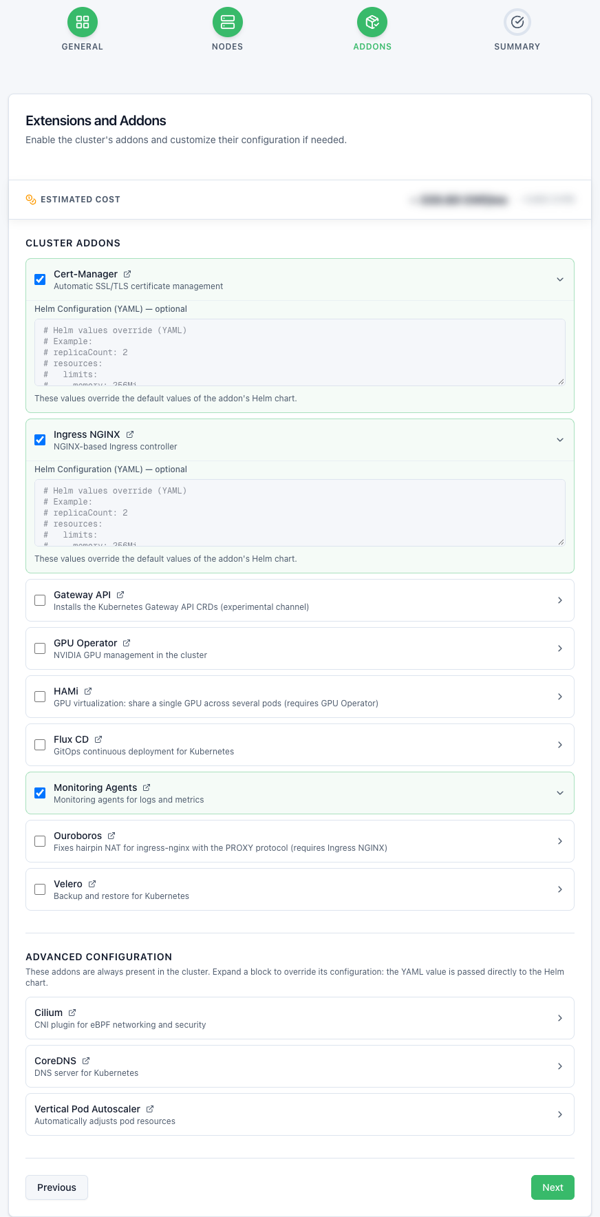 Kubernetes wizard, Addons step