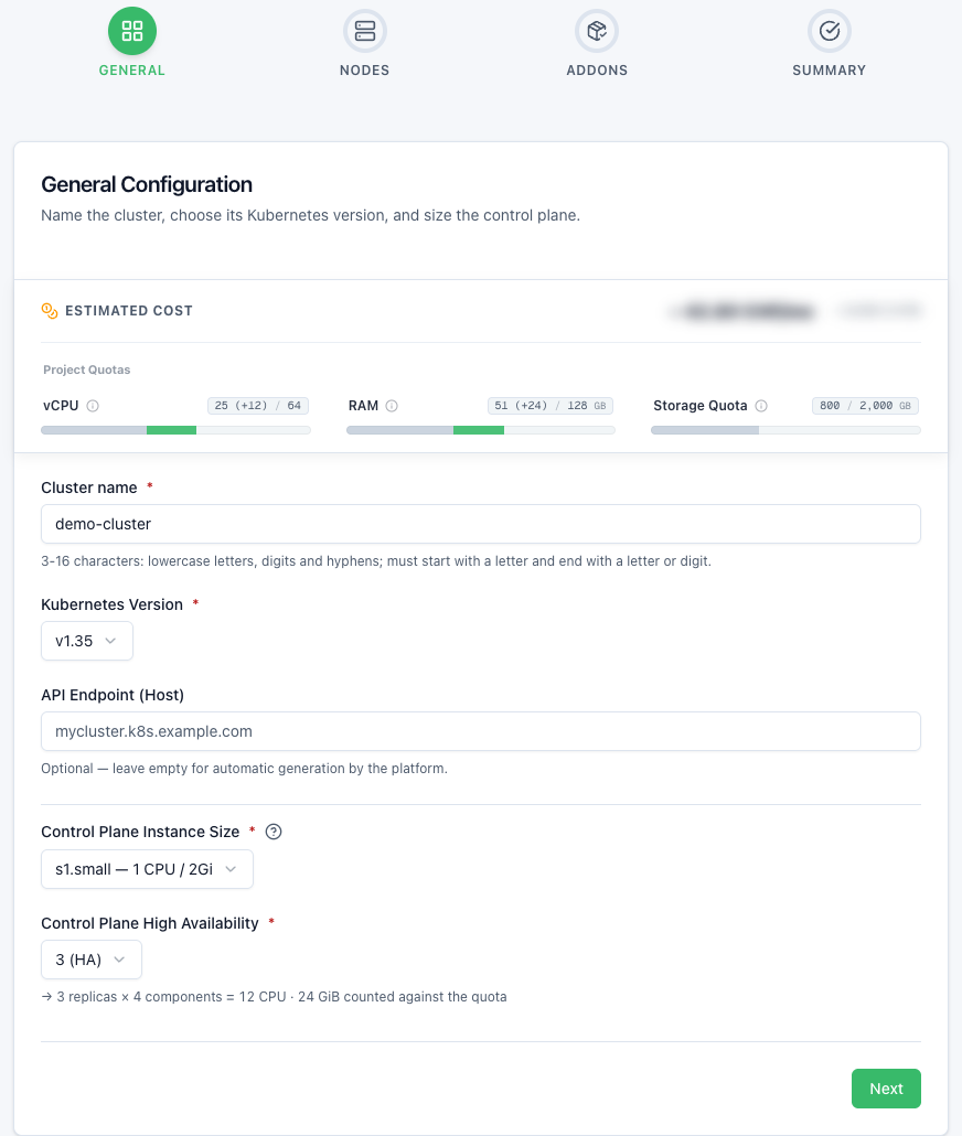 Kubernetes cluster creation wizard, General step