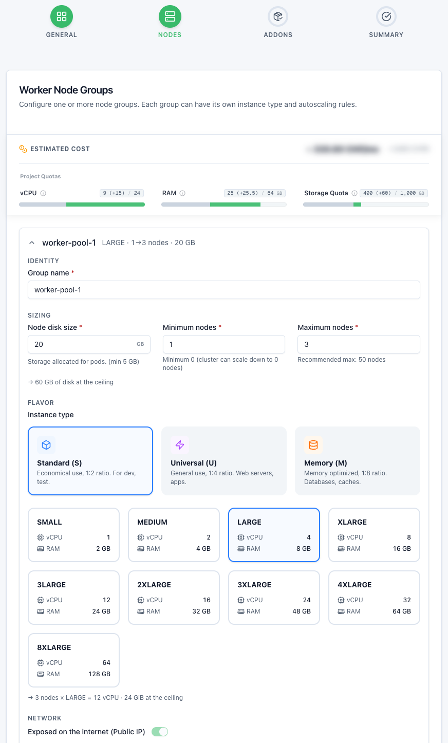 Kubernetes wizard, Nodes step: node group and instance type